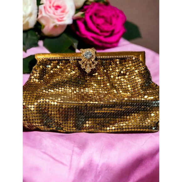 Whiting & Davis rare 1920s Gold Mesh Rhinestone Small Clutch Purse - Picture 1 of 14